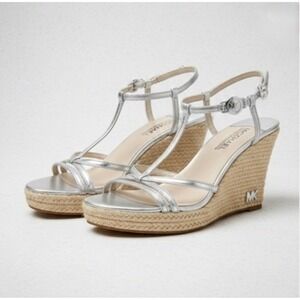 MICHAEL KORS MK Silver Metallic Espadrille‎ Wedge Sandals 9 Vacation Beach Chic